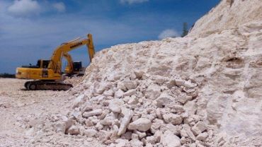 Excavadora trabajando en cantera de piedra caliza.