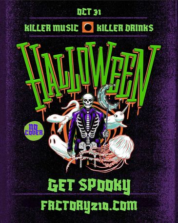 Halloween party poster with skeleton and ghosts.