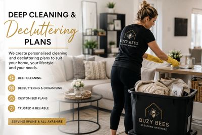 Woman cleaning with decluttering plans advertisement.