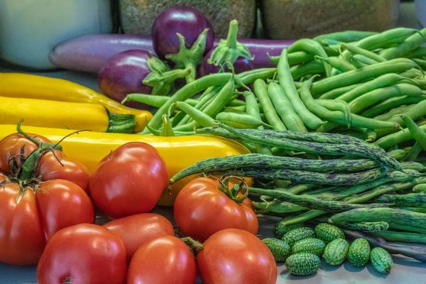 A colorful assortment of fresh vegetables including tomatoes, green beans, and eggplants.