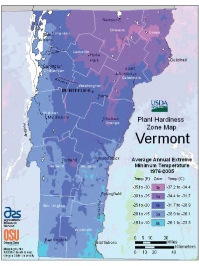 Vermont Plant Hardiness Zone Map showing temperature zones for 1976-2005.