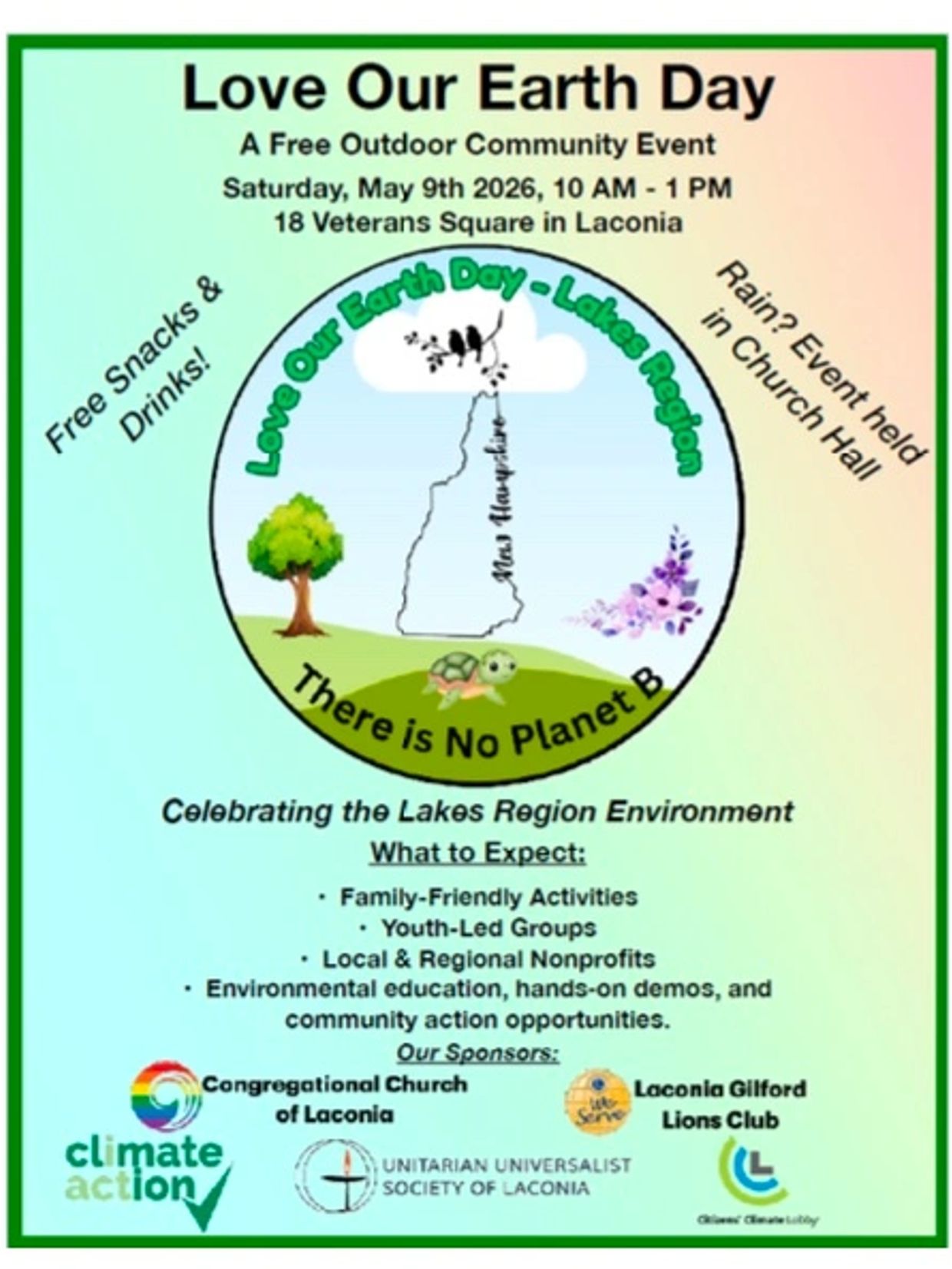 Love Our Earth Day community event on May 9th, 2026, in Laconia with free snacks and family activities.