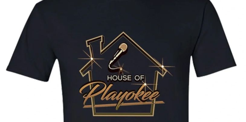 Black t-shirt with gold "House of Playokee" logo and microphone graphic.