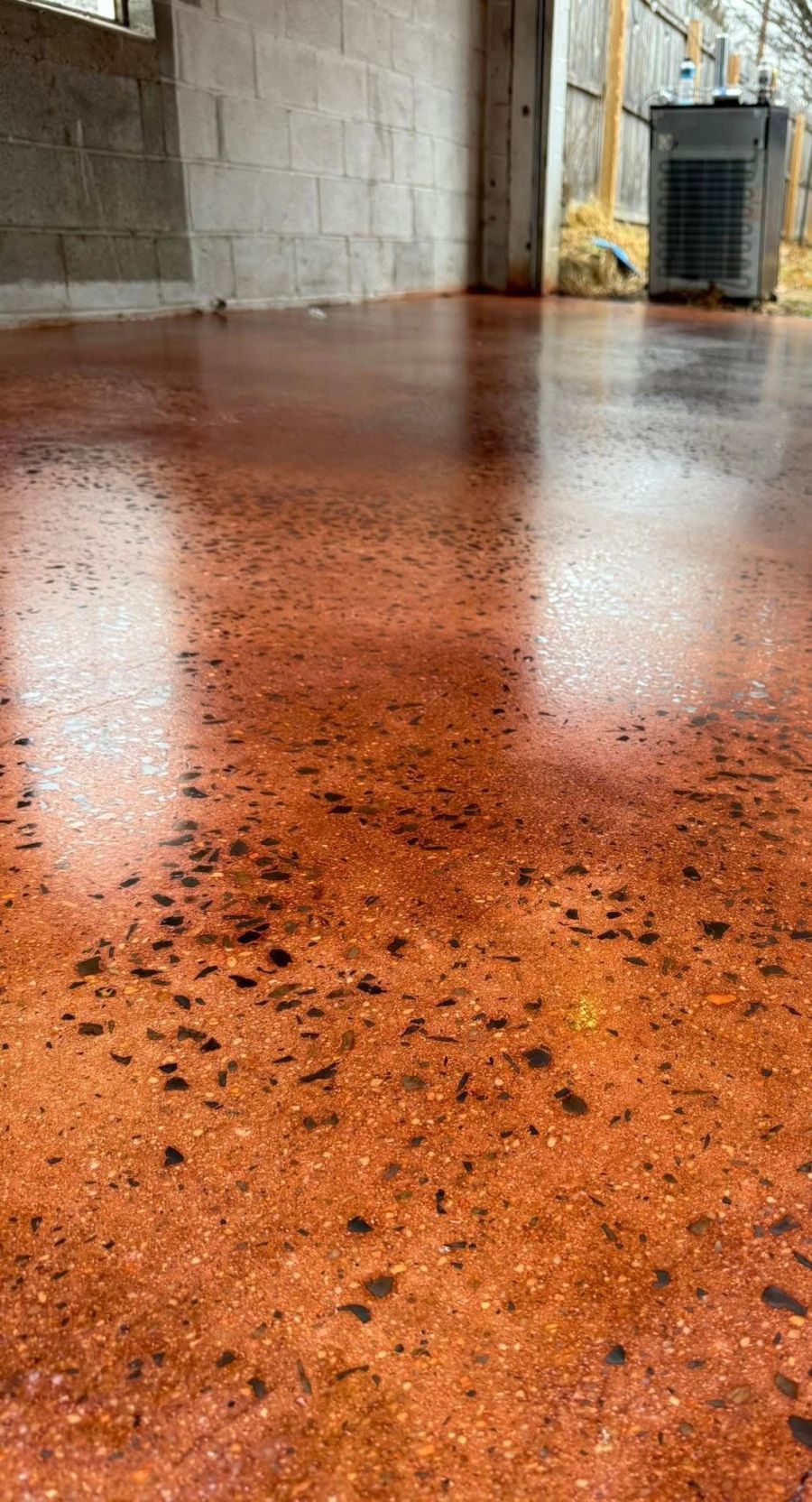 Finished concrete floor with a deep reddish-brown gloss, running to a block wall and an open doorway that reflects in it