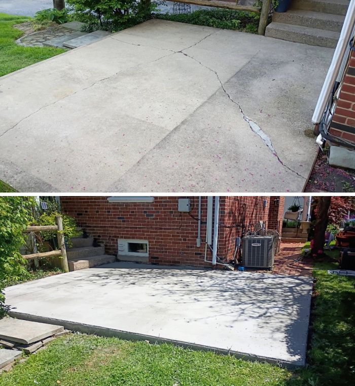 Two photos: a cracked concrete pad, and a clean pad beside a brick house