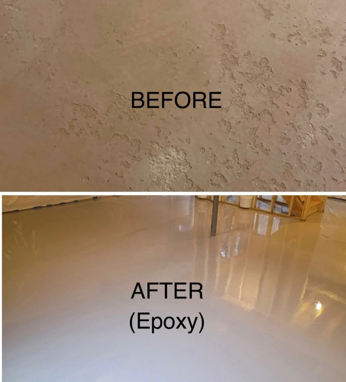 Two photos labeled before and after: rough pitted concrete, then a smooth glossy epoxy floor
