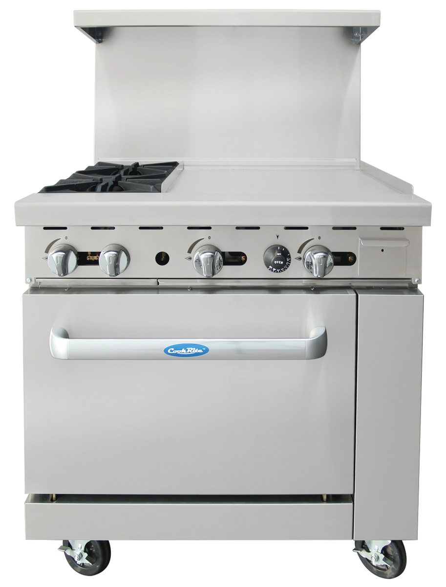 36'' Range. (2) 32,000 B.T.U. Burners and 24'' Griddle on the right