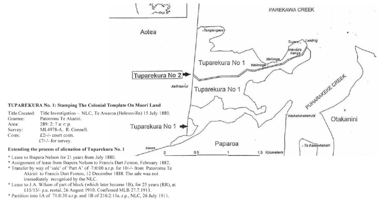 Map showing Tuparekura No. 1 land with historical title details and lease information.