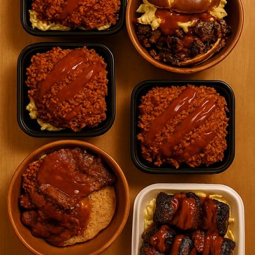 Various Southern-style dishes with barbecue sauce and sides in bowls and containers.