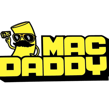 Yellow cartoon macaroni with sunglasses and mustache holding cheese, with text 'Mac Daddy'.