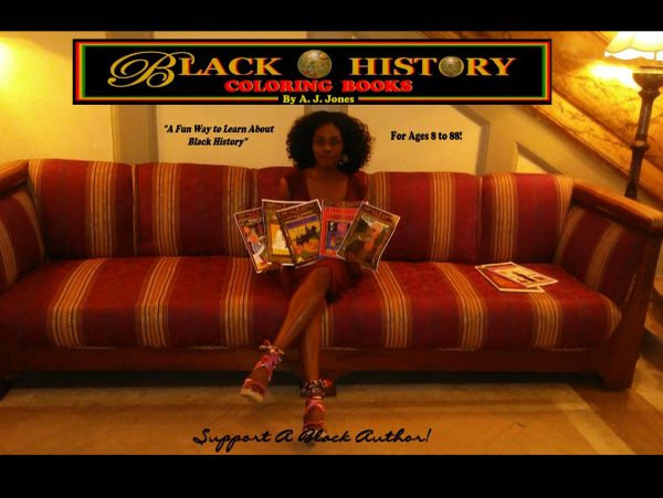 Woman sitting on a sofa holding Black History coloring books.