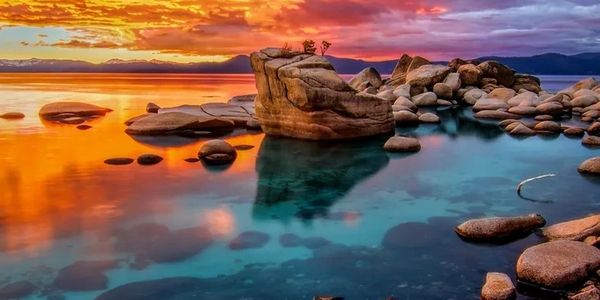 Lake Tahoe at sunset with beautiful sunset colors