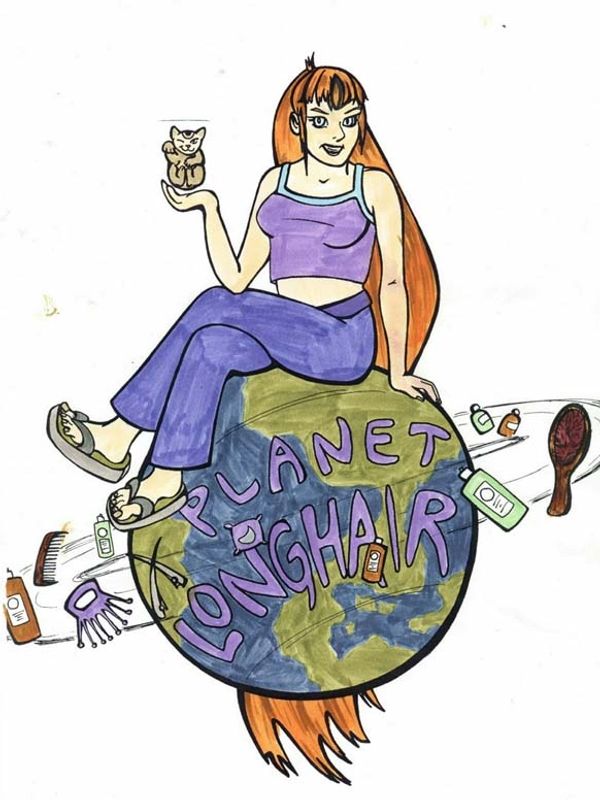 A woman with long red hair sits on a globe labeled 'Planet Longhair' surrounded by hair care items.