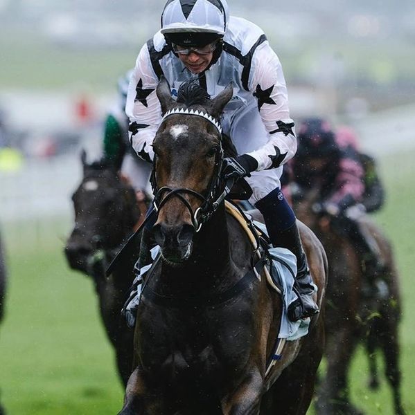 Jockey in white star-patterned outfit racing on a horse during a competition.