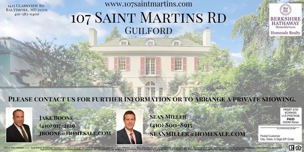 Real estate flyer for 107 Saint Martins Rd in Guilford, Baltimore featuring elegant French-style