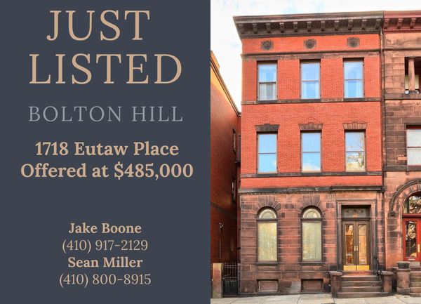 Just Listed announcement for 1718 Eutaw Place, a classic red brick townhouse in Bolton Hill