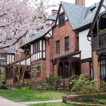 Charming Tudor-style brick rowhomes with half-timbered details and blooming cherry blossom tree