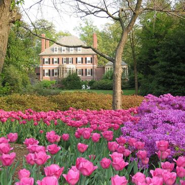 Grand brick estate home in Baltimore, Maryland, surrounded by vibrant spring tulips and azaleas