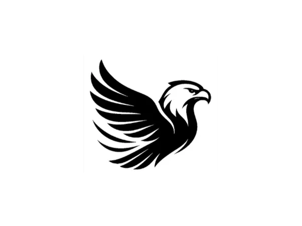 Black and white eagle logo with wings spread.