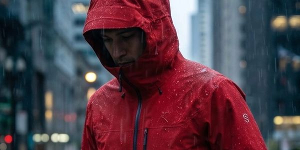 Man in a red rain jacket standing in the rain in an urban setting.