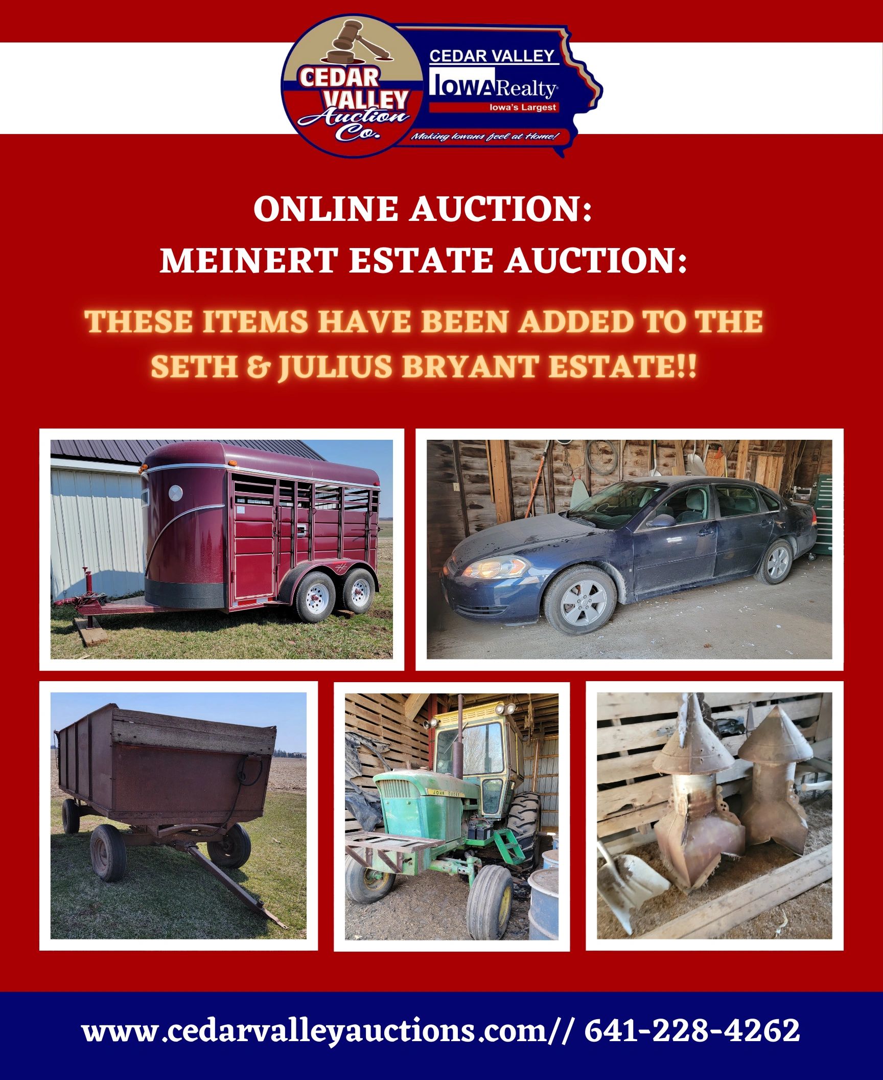 Advertisement for an online estate auction featuring farm equipment and vehicles.