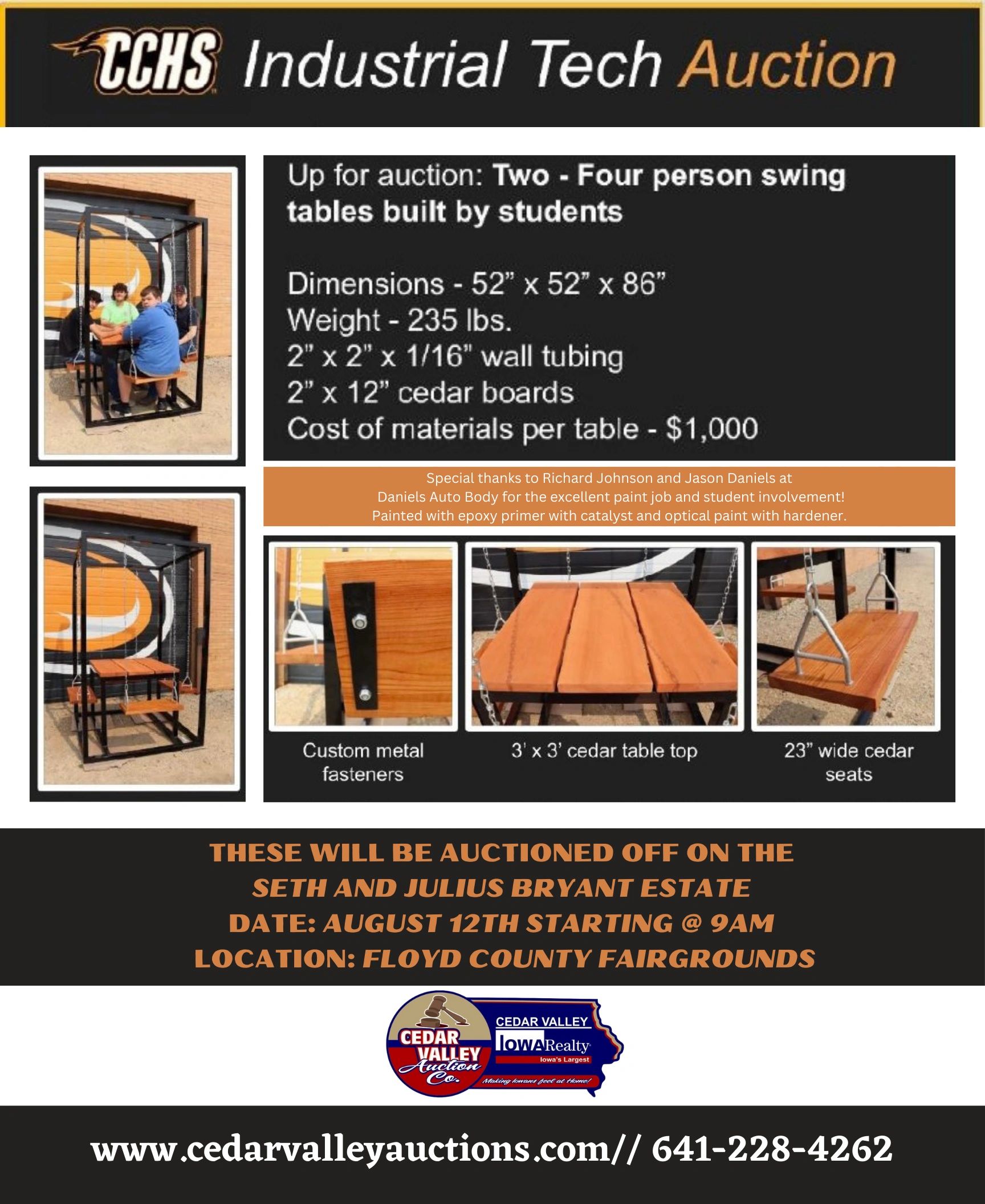 CCHS Industrial Tech auctioning student-built swing tables with cedar tops and seats.