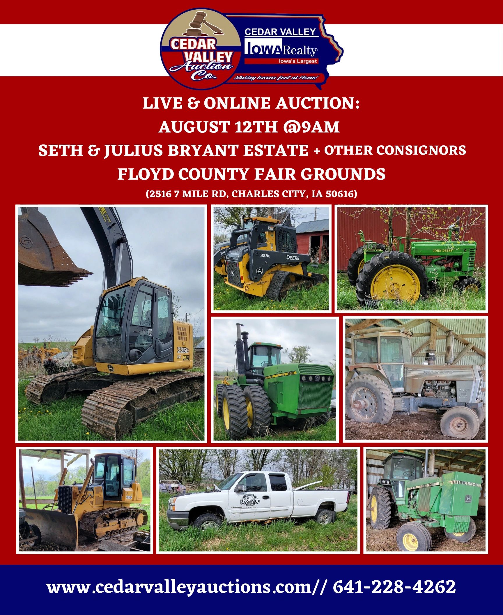 Auction announcement for farm equipment and vehicles on August 12th in Charles City, Iowa.