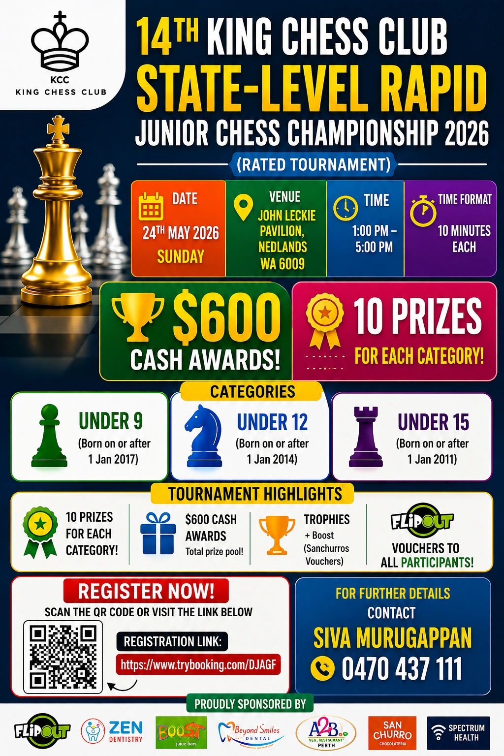 King Chess Club's 14th State-Level Rapid Junior Chess Championship 2026 on May 24 with $600 cash awards.