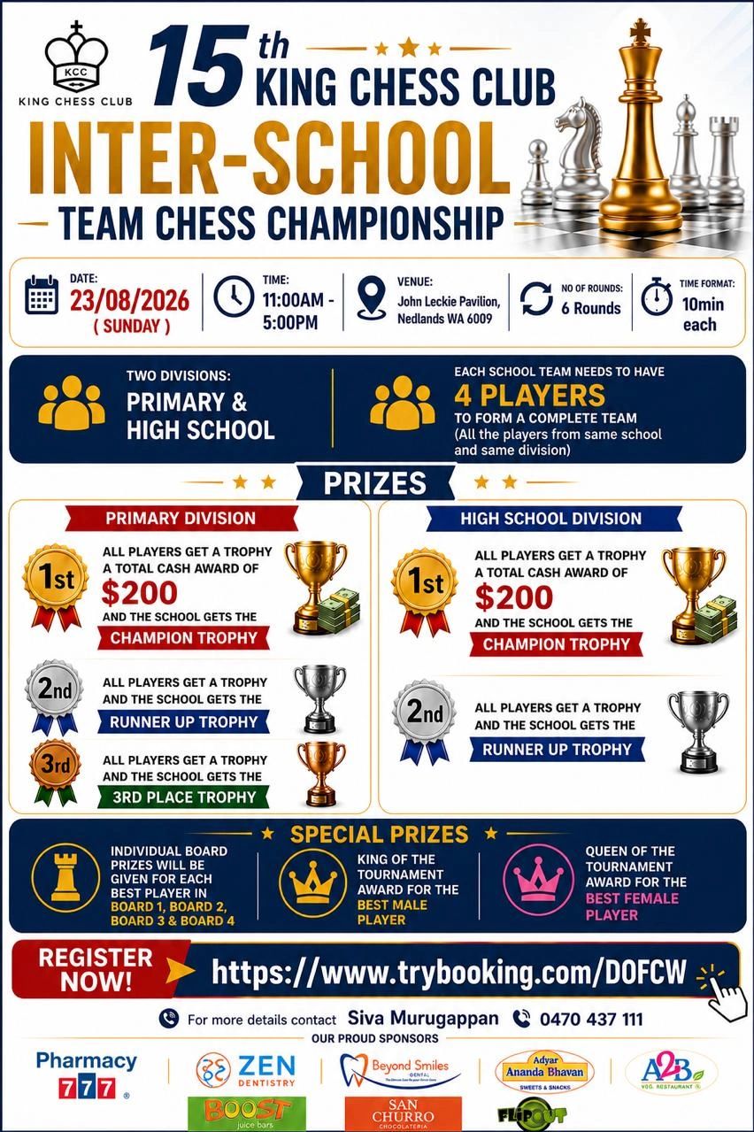 Poster for the 15th King Chess Club Inter-School Team Chess Championship with dates and prizes.