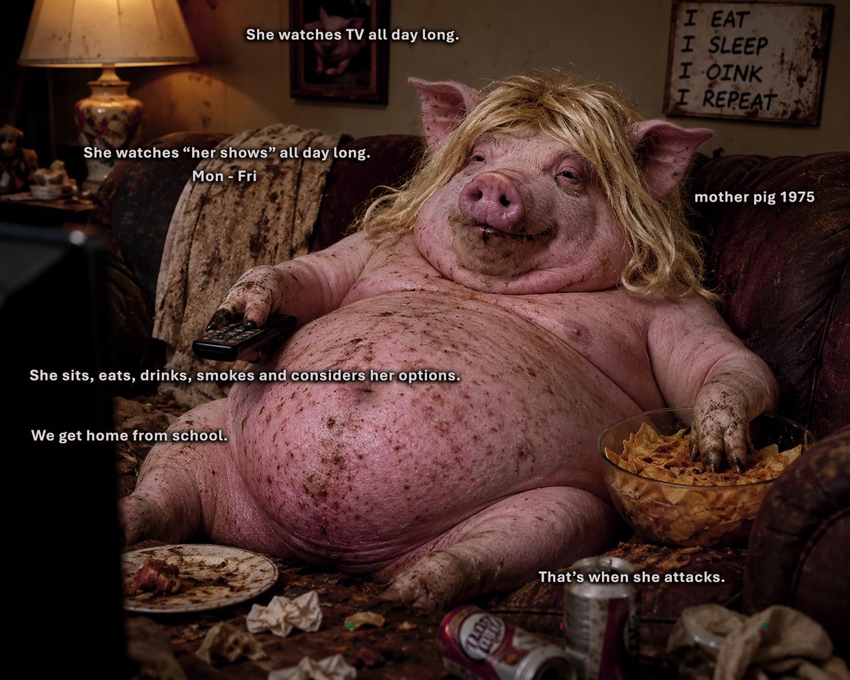 A pig with a blonde wig lounges on a messy couch, holding a remote and a bowl of chips.
