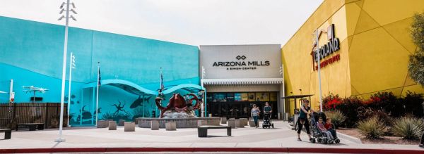 Entrance to Arizona Mills shopping center with crab sculpture.