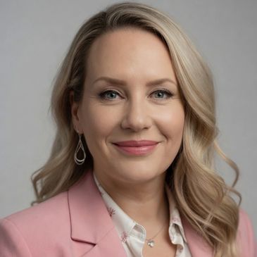 Professional woman with blonde hair in a pink blazer smiling.