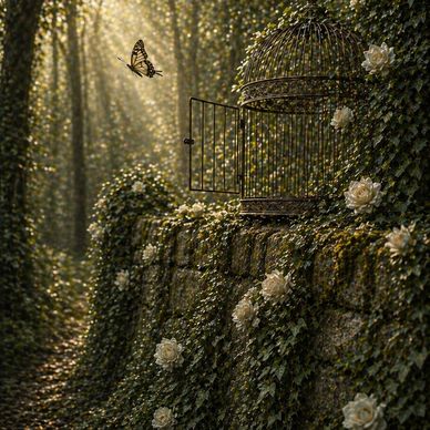 A butterfly flies away from an open birdcage covered in ivy and white flowers.