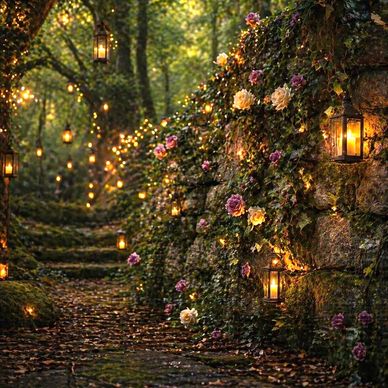 Enchanting garden path illuminated by glowing lanterns and blooming flowers.