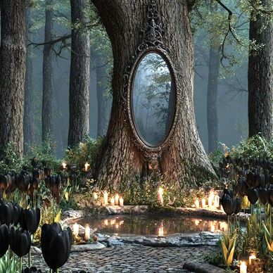 An enchanted forest with a mystical mirror on a tree and glowing candles around.