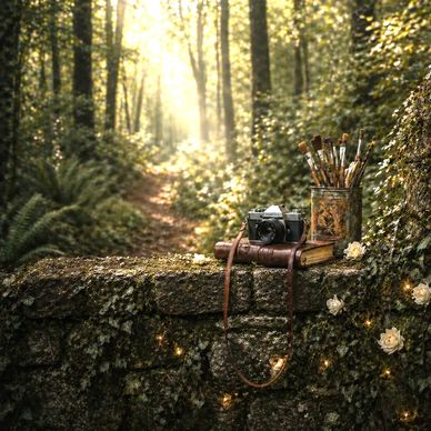 Vintage camera and brushes on a mossy stone wall in a sunlit forest.