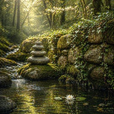Stacked stones on mossy rock beside a serene forest stream with water lily.