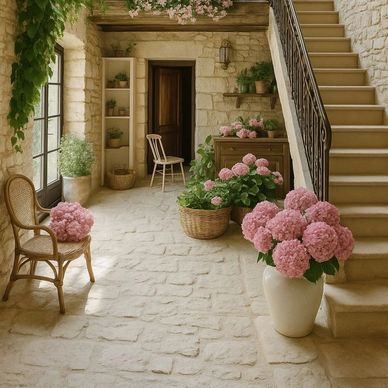 Cozy stone hallway with pink hydrangeas and rustic furniture.