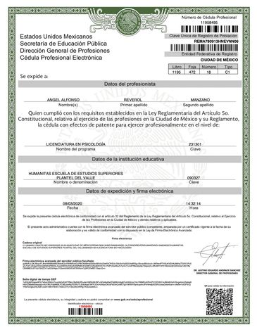 Cédula profesional electrónica mexicana para licenciado en psicología.