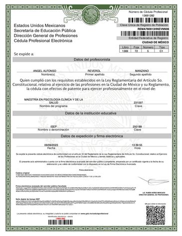 Cédula profesional electrónica de un psicólogo en México.