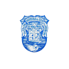 Blue emblem with a lion and shield design.