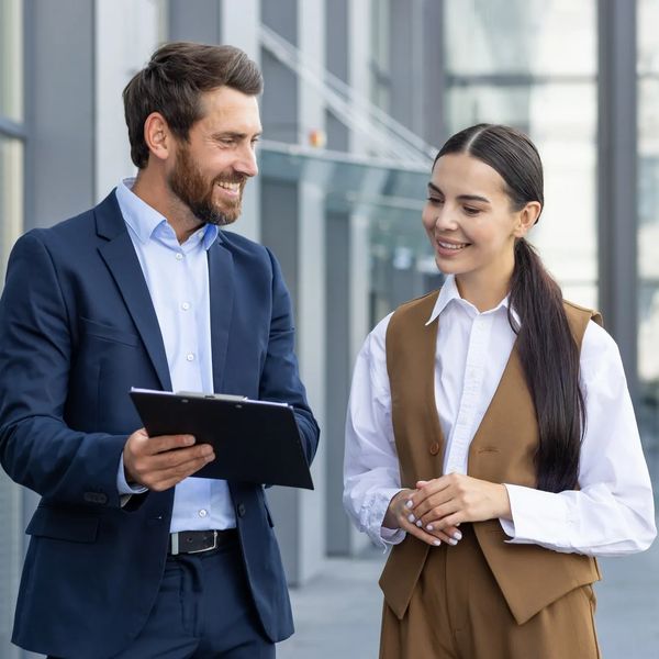 Two people smiling and looking at a document