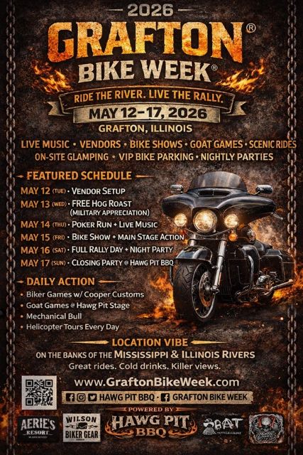 2026 Grafton Bike Week poster with event details and motorcycle image.