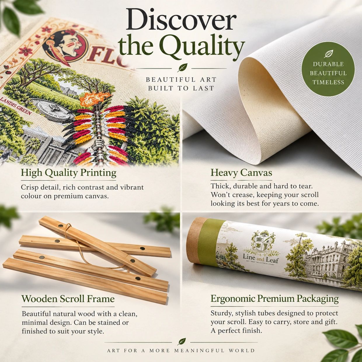 Quality art scroll features detailed printing, heavy canvas, wooden frame, and ergonomic packaging.