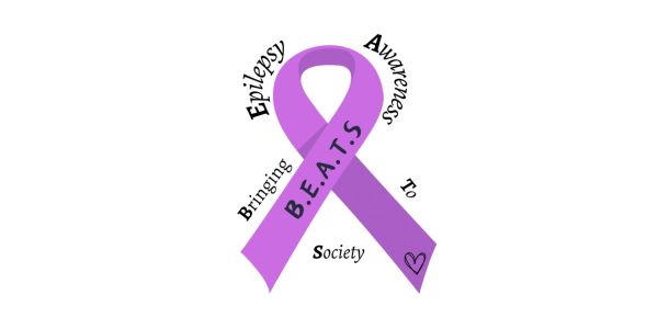 Purple ribbon symbolizing epilepsy awareness with B.E.A.T.S acronym.