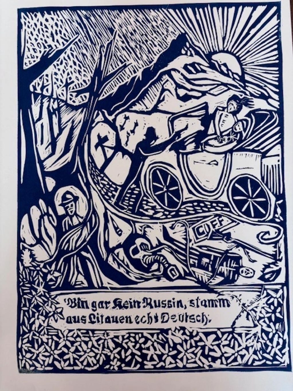 Woodcut-style artwork with a horse, carriage, and German text.