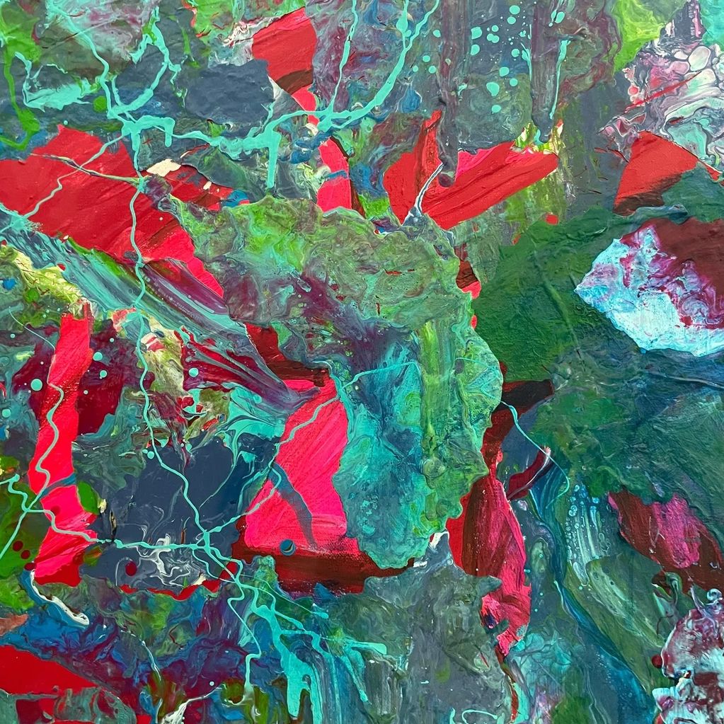 Vibrant abstract painting with bold red, green, and blue swirls and textured strokes.