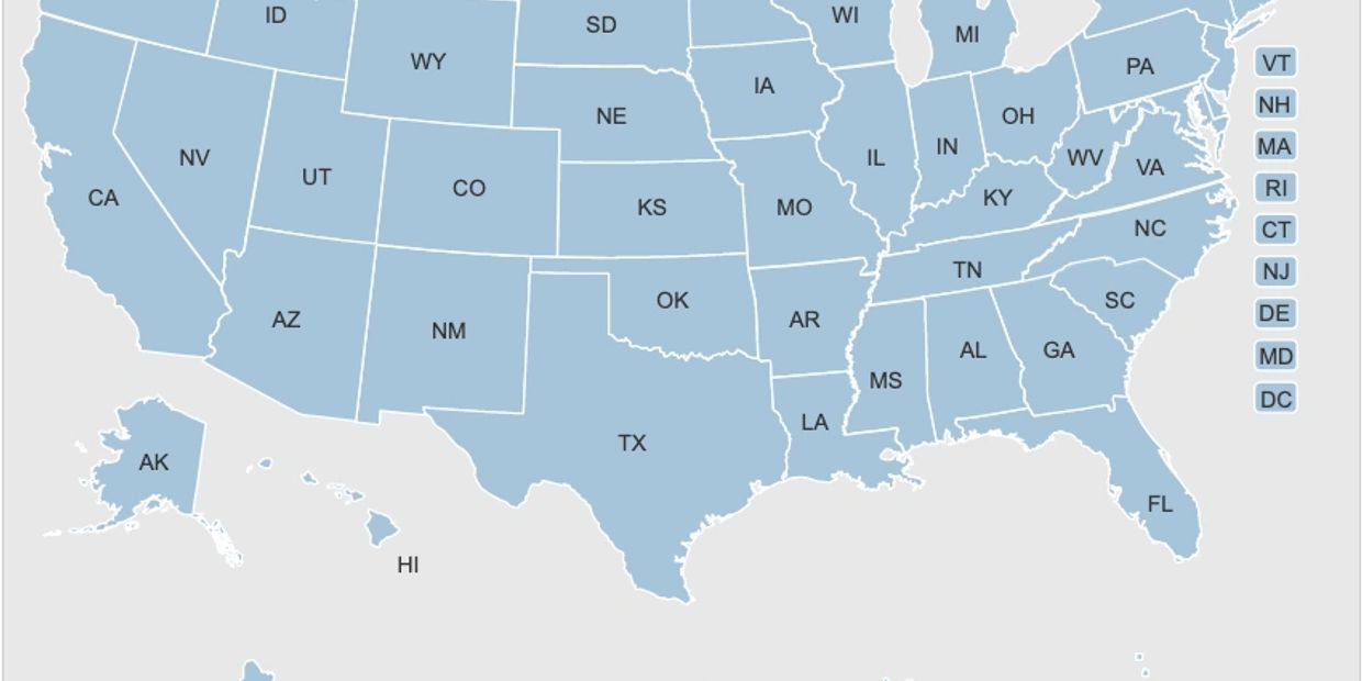 Map of United States with state abbreviations highlighted on the right.