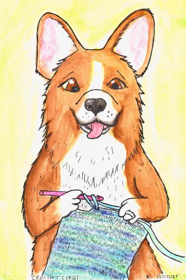 A corgi crocheting 