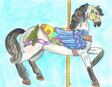 Light gray carousel horse with blue wings and a rainbow colored saddle